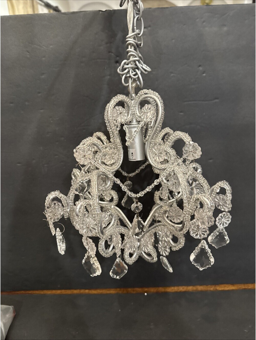 New Clear Beaded Crystal 1-Lt Chandelier W Swag Silver Hardware 11” H By 8.5” W
